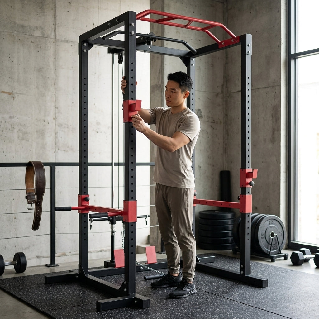 Peak Power Unisex-Erwachsene Power Fitness Multifunktionales Rack für effektives Ganzkörpertraining, Massive Stahlkonstruktion, Schwarz/Rot, Extra breit