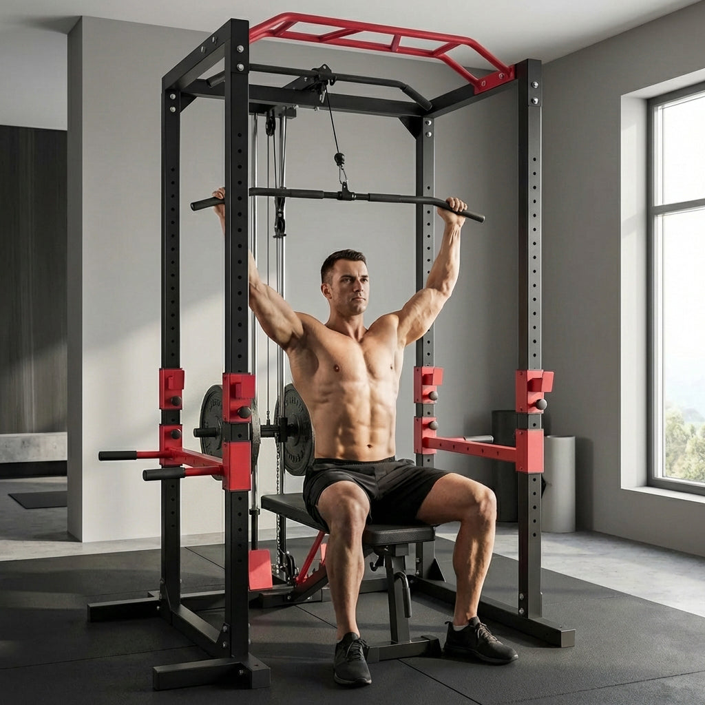 Peak Power Unisex-Erwachsene Power Fitness Multifunktionales Rack für effektives Ganzkörpertraining, Massive Stahlkonstruktion, Schwarz/Rot, Extra breit