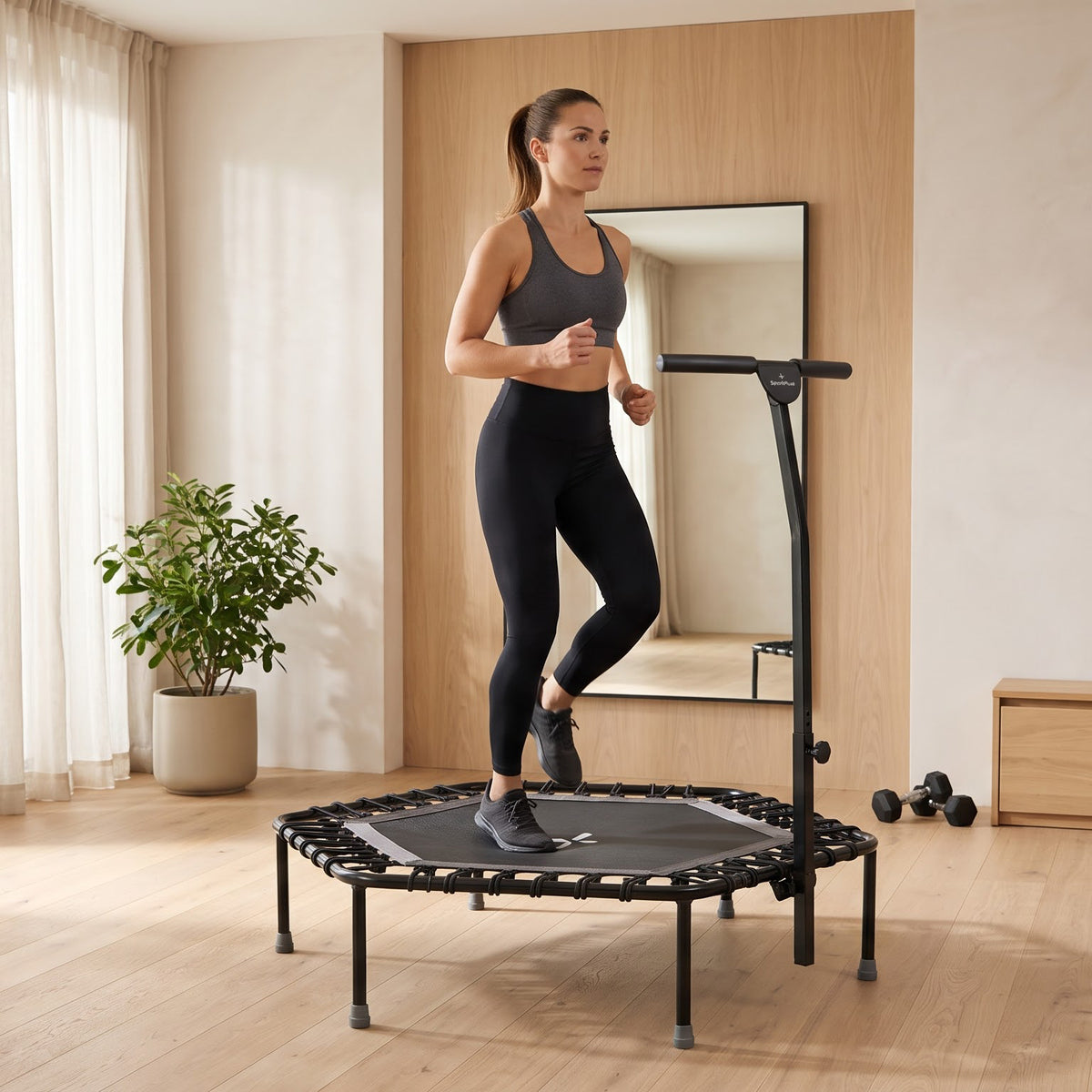 Peak Power Fitness Indoor-Trampolin, 126 cm Durchmesser, Bungee/Feder-Minitrampolin, geeignet für Erwachsene odentrampolin mit verstellbaren Griffen, leise und vibrationsarm