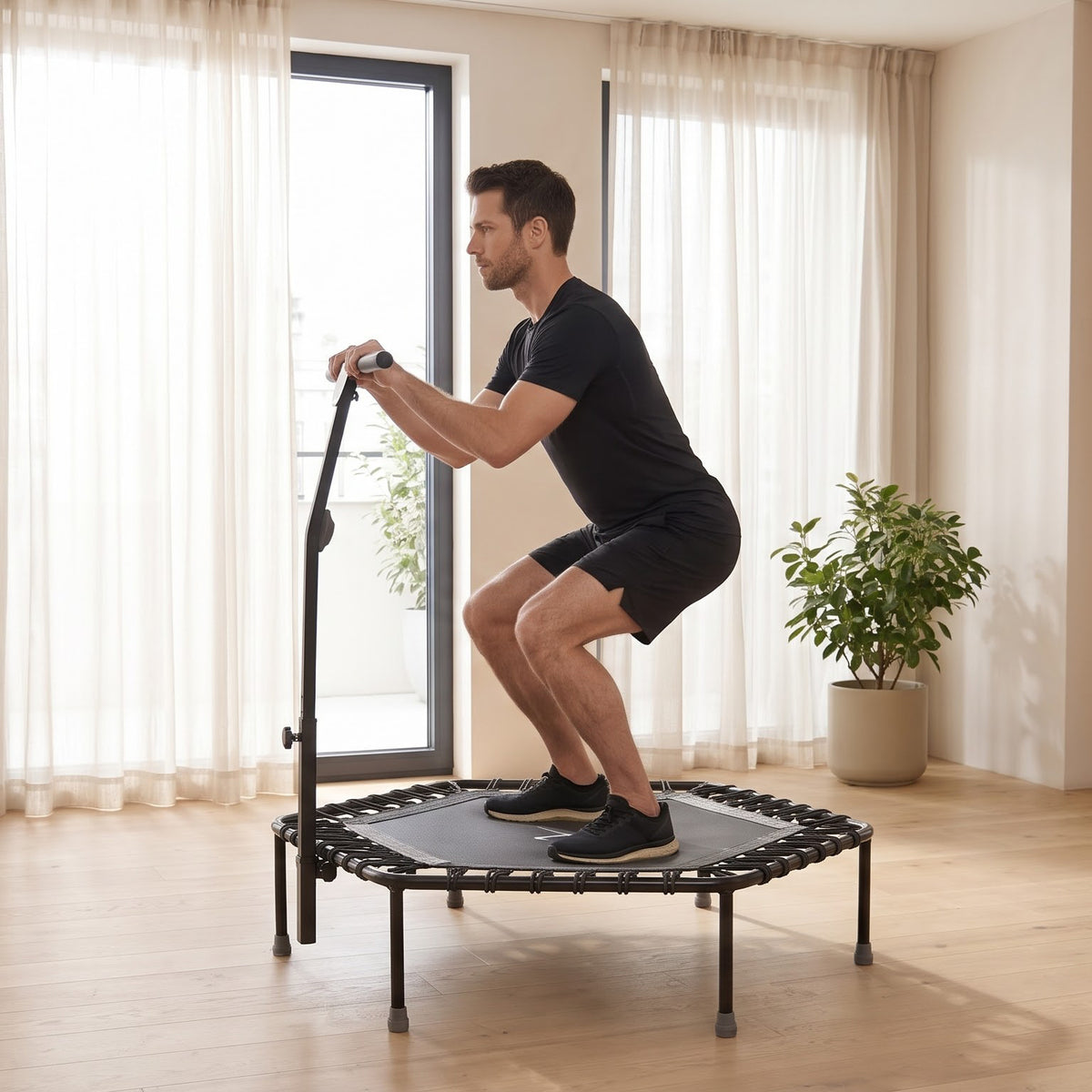 Peak Power Fitness Indoor-Trampolin, 126 cm Durchmesser, Bungee/Feder-Minitrampolin, geeignet für Erwachsene odentrampolin mit verstellbaren Griffen, leise und vibrationsarm