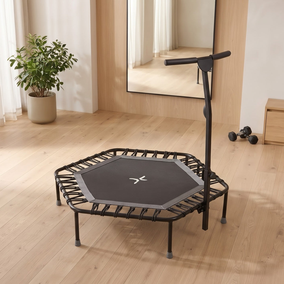 Peak Power Fitness Indoor-Trampolin, 126 cm Durchmesser, Bungee/Feder-Minitrampolin, geeignet für Erwachsene odentrampolin mit verstellbaren Griffen, leise und vibrationsarm