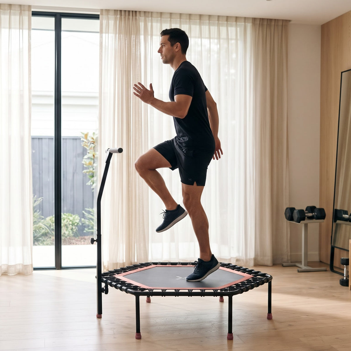 Peak Power Fitness Indoor-Trampolin, 126 cm Durchmesser, Bungee/Feder-Minitrampolin, geeignet für Erwachsene odentrampolin mit verstellbaren Griffen, leise und vibrationsarm
