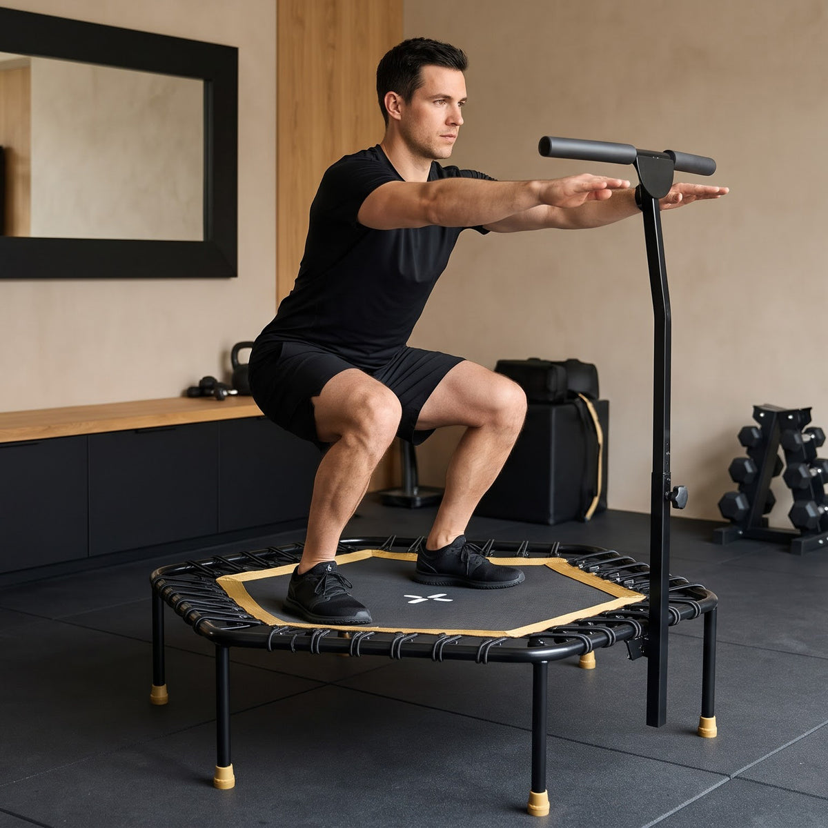 Peak Power Fitness Indoor-Trampolin, 126 cm Durchmesser, Bungee/Feder-Minitrampolin, geeignet für Erwachsene odentrampolin mit verstellbaren Griffen, leise und vibrationsarm