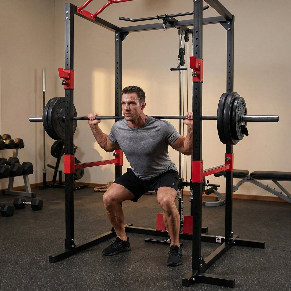 Peak Power Unisex-Erwachsene Power Fitness Multifunktionales Rack für effektives Ganzkörpertraining, Massive Stahlkonstruktion, Schwarz/Rot, Extra breit