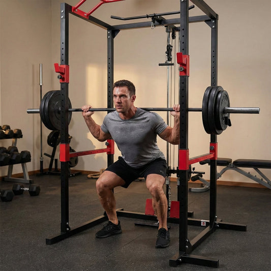 Peak Power Unisex-Erwachsene Power Fitness Multifunktionales Rack für effektives Ganzkörpertraining, Massive Stahlkonstruktion, Schwarz/Rot, Extra breit