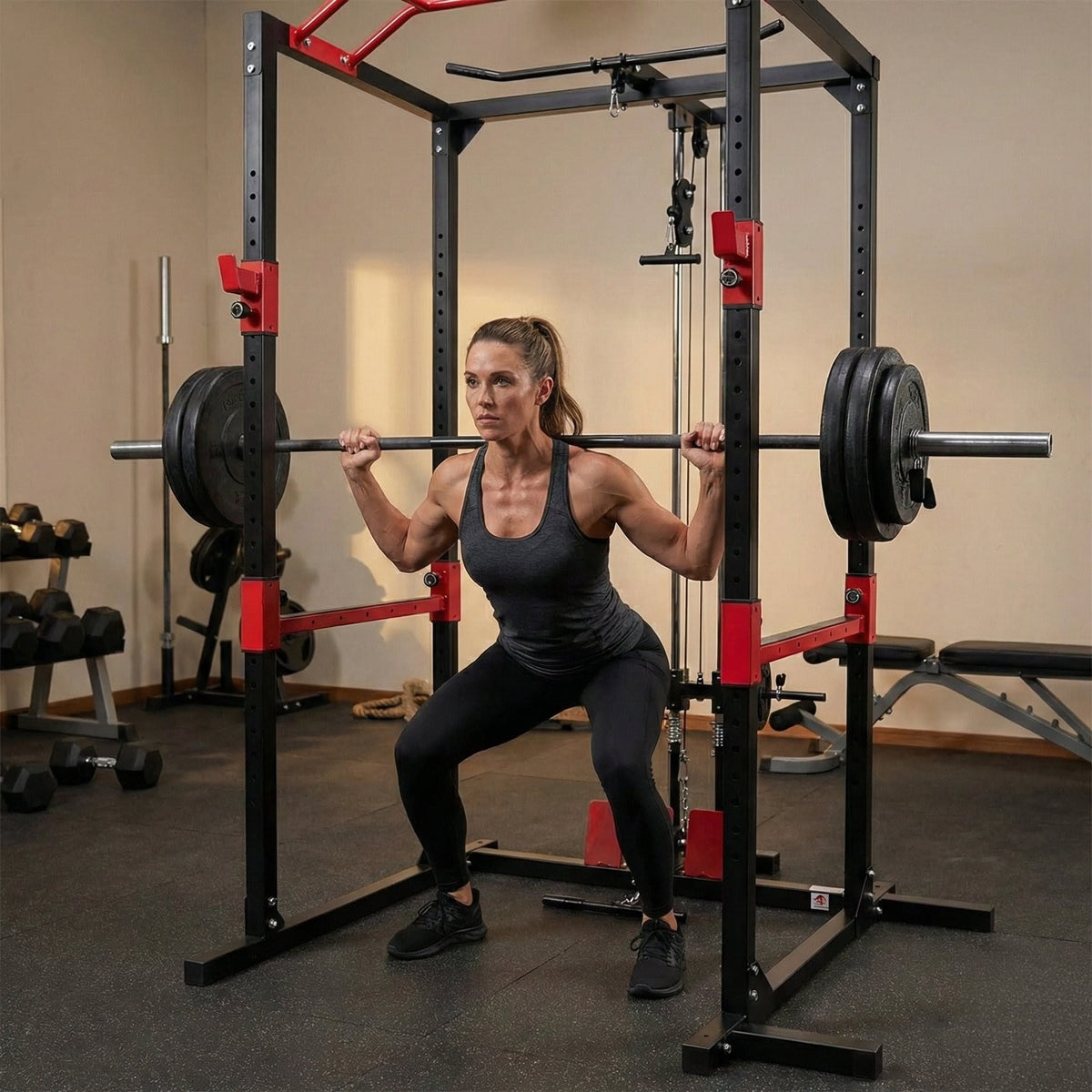 Peak Power Unisex-Erwachsene Power Fitness Multifunktionales Rack für effektives Ganzkörpertraining, Massive Stahlkonstruktion, Schwarz/Rot, Extra breit