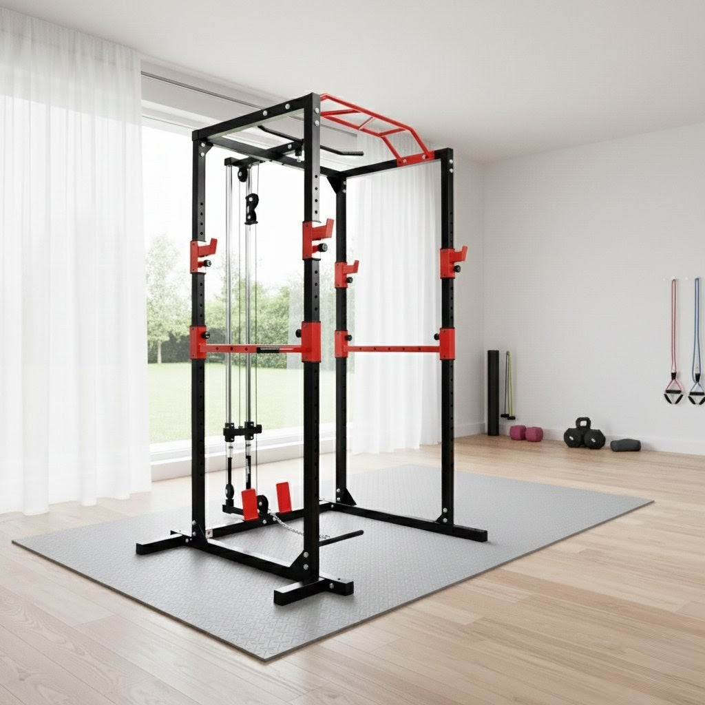 Peak Power Unisex-Erwachsene Power Fitness Multifunktionales Rack für effektives Ganzkörpertraining, Massive Stahlkonstruktion, Schwarz/Rot, Extra breit