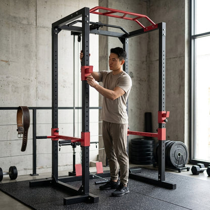 Peak Power Unisex-Erwachsene Power Fitness Multifunktionales Rack für effektives Ganzkörpertraining, Massive Stahlkonstruktion, Schwarz/Rot, Extra breit