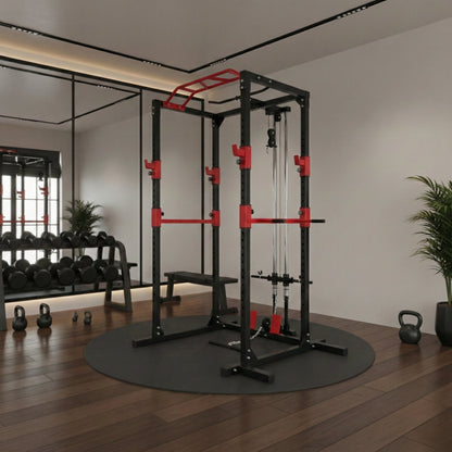 Peak Power Unisex-Erwachsene Power Fitness Multifunktionales Rack für effektives Ganzkörpertraining, Massive Stahlkonstruktion, Schwarz/Rot, Extra breit