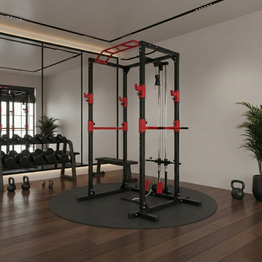 Peak Power Unisex-Erwachsene Power Fitness Multifunktionales Rack für effektives Ganzkörpertraining, Massive Stahlkonstruktion, Schwarz/Rot, Extra breit