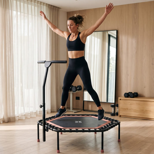Peak Power Fitness Indoor-Trampolin, 126 cm Durchmesser, Bungee/Feder-Minitrampolin, geeignet für Erwachsene odentrampolin mit verstellbaren Griffen, leise und vibrationsarm