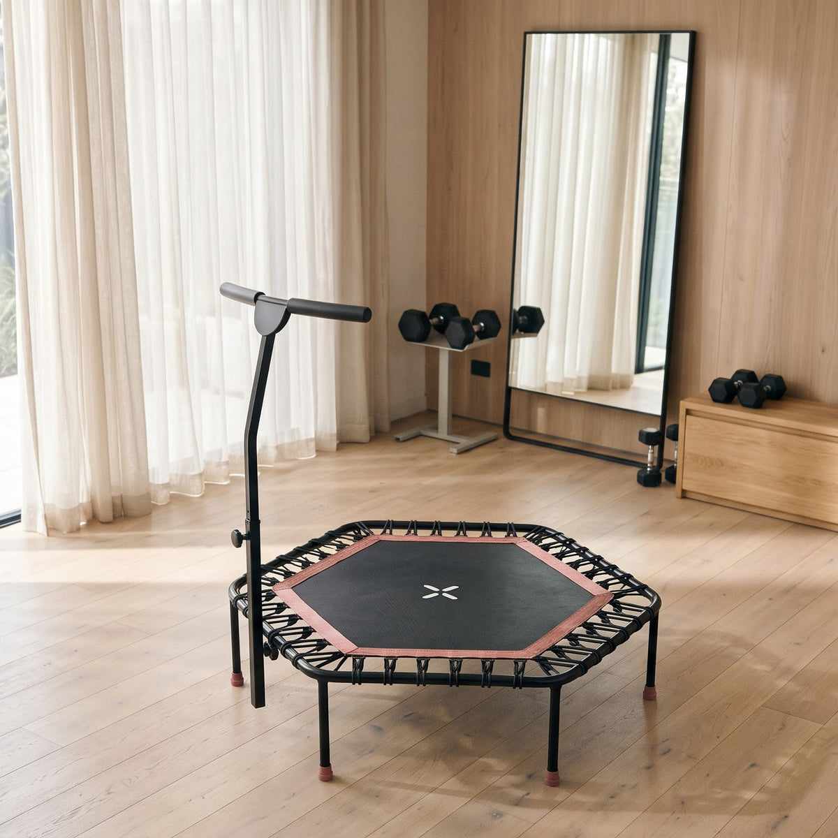 Peak Power Fitness Indoor-Trampolin, 126 cm Durchmesser, Bungee/Feder-Minitrampolin, geeignet für Erwachsene odentrampolin mit verstellbaren Griffen, leise und vibrationsarm