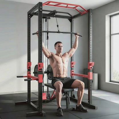 Peak Power Unisex-Erwachsene Power Fitness Multifunktionales Rack für effektives Ganzkörpertraining, Massive Stahlkonstruktion, Schwarz/Rot, Extra breit