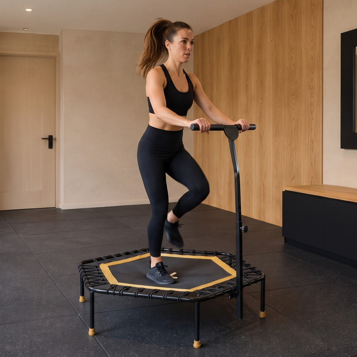Peak Power Fitness Indoor-Trampolin, 126 cm Durchmesser, Bungee/Feder-Minitrampolin, geeignet für Erwachsene odentrampolin mit verstellbaren Griffen, leise und vibrationsarm